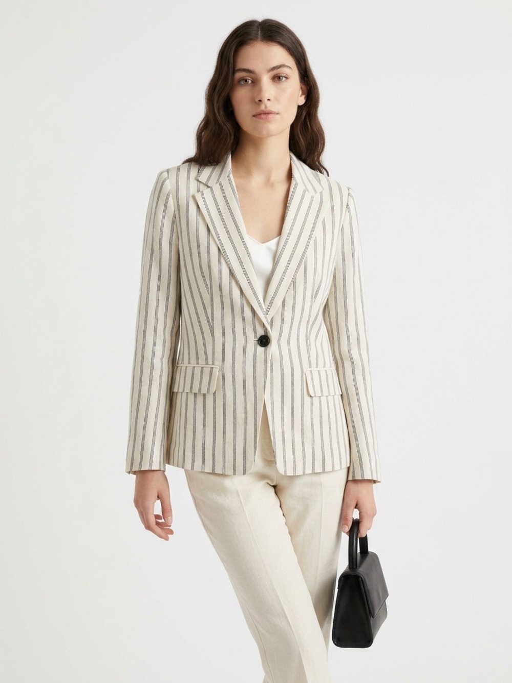 NWT Quince Women’s European Linen Structured Blazer Oatmeal Black Stripes Sz S